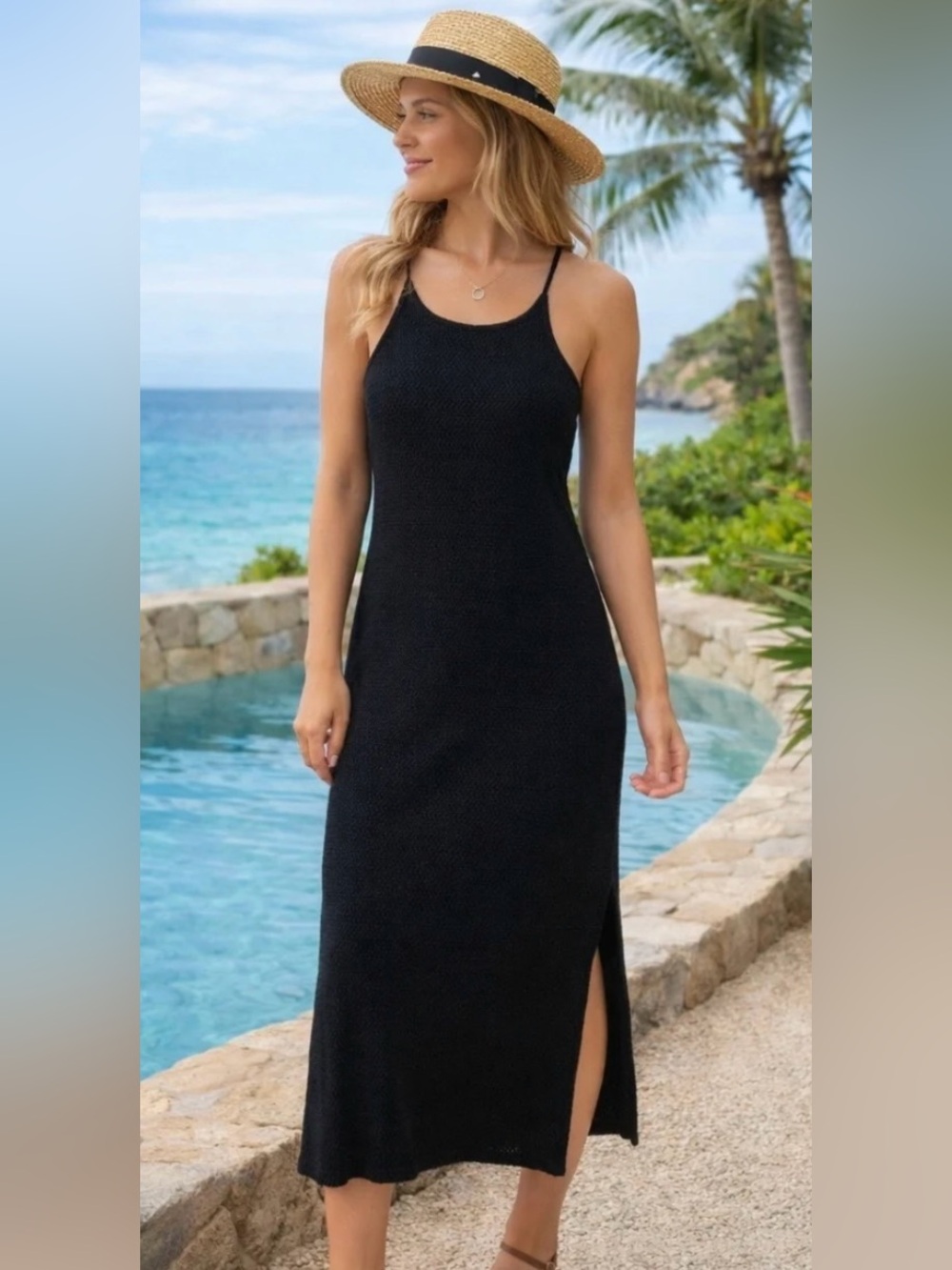 House of Harlow 1960 Black Crochet Spaghetti Strap Midi Dress with Side Slit